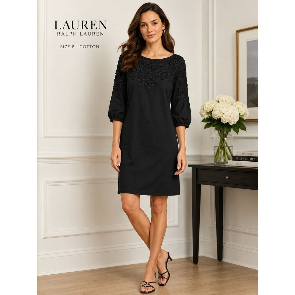 Lauren Ralph Lauren Shift Dress Womens Size 8 Black Embroidered Cotton Classic